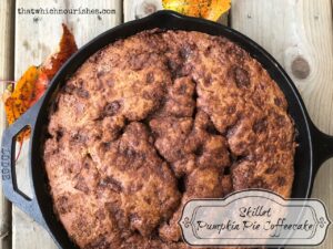 Skillet Pumpkin Pie Coffeecake combines cake, pie, and cinnamon streusel goodness all in one beautiful fall dessert made in a cast iron skillet. | thatwhichnourishes.com