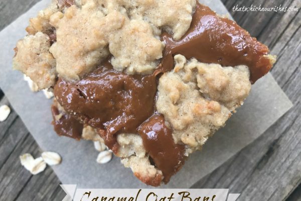 Caramel Oat Bars -- Chewy oatmeal bars are blanketed in a decadent layer of dulce de leche caramel making a rich and delicious dessert that serves a large group. | thatwhichnourishes.com