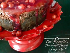 Steel Magnolias Chocolate Cherry Cheesecake -- A decadent and creamy chocolate cheesecake is encrusted with two kinds of buttery, chocolate crumbs and layered with cherries to make a delightful dessert for any special occasion. | thatwhichnourishes.com