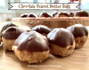 Chocolate Peanut Butter Balls -- Sweetened peanut butter with the crunch of crispy rice cereal dipped quickly into melted chocolate makes a whole bunch of happy Christmas-treat-eaters with very little fuss for you -- an easy, no-bake, last-minute dessert! | thatwhichnourishes.com