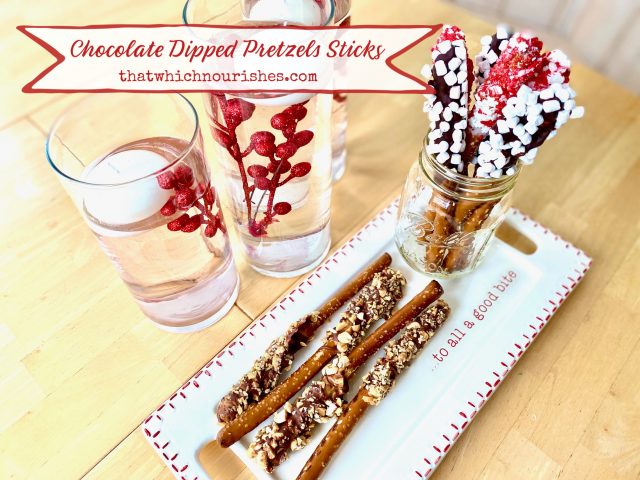 Chocolate Dipped Pretzel Sticks -- An easy, no-bake crowd-pleaser, these Chocolate Dipped Pretzel Sticks are festive, fun, and fabulously yummy! It's so easy to create that perfect, sweet and salty flavor combo we all crave! | thatwhichnourishes.com