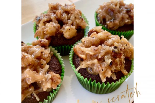 German Chocolate Cupcakes from scratch -- Moist, fabulous, german-chocolate-y, from-scratch cupcake goodness piled with coconut-pecan caramel perfection. These are the cupcakes you wish for with no box needed -- just easy pantry ingredients! | thatwhichnourishes.com