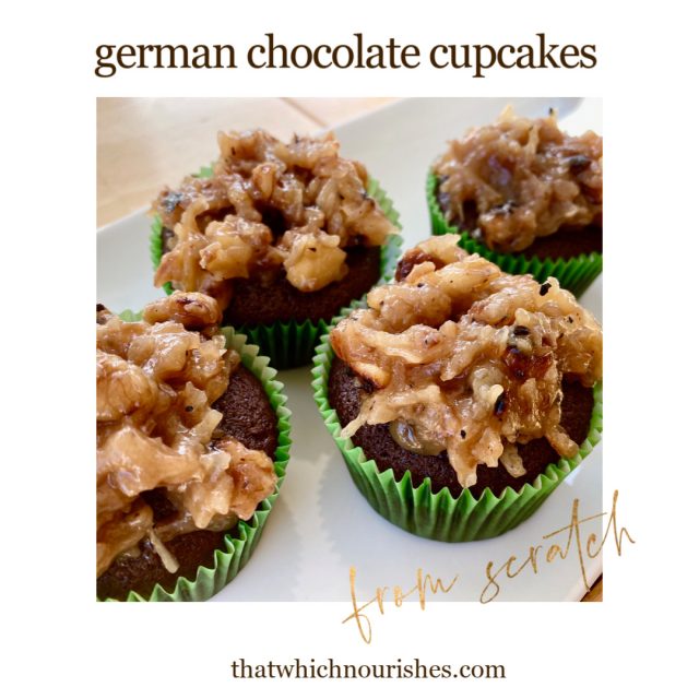 German Chocolate Cupcakes from scratch -- Moist, fabulous, german-chocolate-y, from-scratch cupcake goodness piled with coconut-pecan caramel perfection. These are the cupcakes you wish for with no box needed -- just easy pantry ingredients! | thatwhichnourishes.com