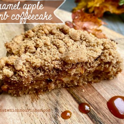 Caramel Apple Crumb Coffeecake -- A layer of spiced cake, followed by cinammon apples, blanketed by buttery crumbs, this coffeecake drizzled with caramel IS Fall perfection! |thatwhichnourishes.com