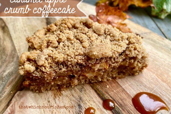 Caramel Apple Crumb Coffeecake -- A layer of spiced cake, followed by cinammon apples, blanketed by buttery crumbs, this coffeecake drizzled with caramel IS Fall perfection! |thatwhichnourishes.com