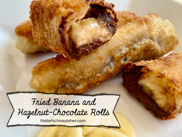 Fried Banana and Hazelnut-Chocolate Rolls - Warm, silky, gooooozy hazelnut-chocolate dripping down your chin as you bite into a crispy shell fried in coconut oil and packed full of warm banana. | thatwhichnourishes.com