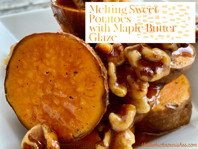 Melting Sweet Potatoes with Maple Butter Glaze -- Sweet potatoes with caramelized edges and soft as butter centers, loaded with flavor and drizzled with a simple, gooey maple butter glaze. | thatwhichnourishes.com