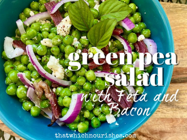 Green Pea Salad with Feta and Bacon -- a fresh new side dish brimming with summer bounty and the savory-salty flavors of bacon and creamy Feta cheese in a simple creamy sauce. | thatwhichnourishes.com