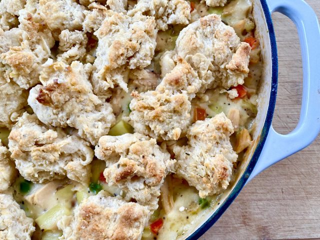Chicken Biscuit Pot Pie -- Because what's better than pot pie?  Cheesy Chicken Pot Pie blanketed with Buttery Biscuits, of course! Tender chunks of turkey or chicken and the veggies of your choice basking in a cheesy, rich and savory sauce, topped with extra-seasoned Buttery Biscuits then baked to pot pie perfection in less than an hour! |thatwhichnourishes.com